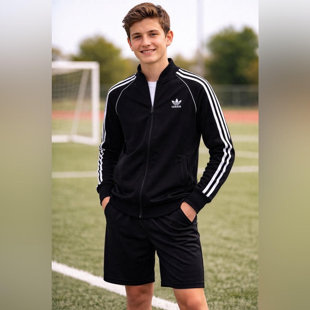 Adidas Boys’ Black Jacket with White Stripes